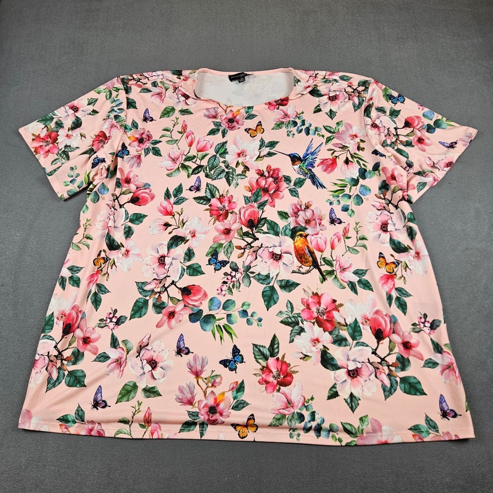 Antthony Original Pink Floral Hummingbird Butterfly Top 1X Short Sleeve Blouse - Picture 1 of 6